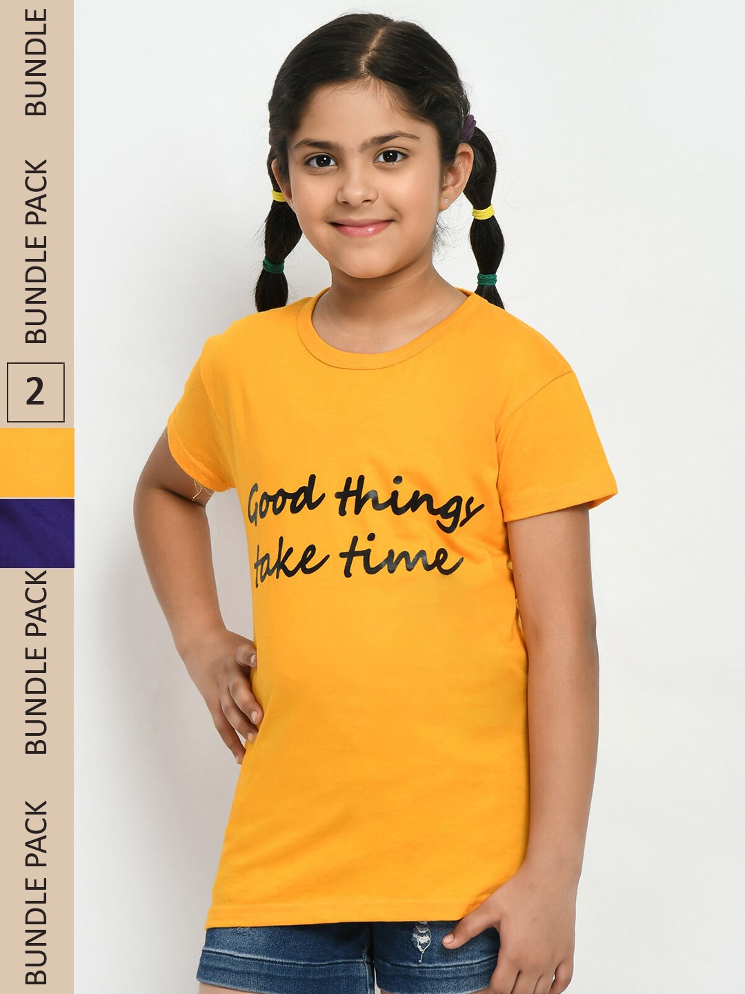 

IndiWeaves Girls Pack Of 2 Typography Printed Pure Cotton T-shirt, Yellow