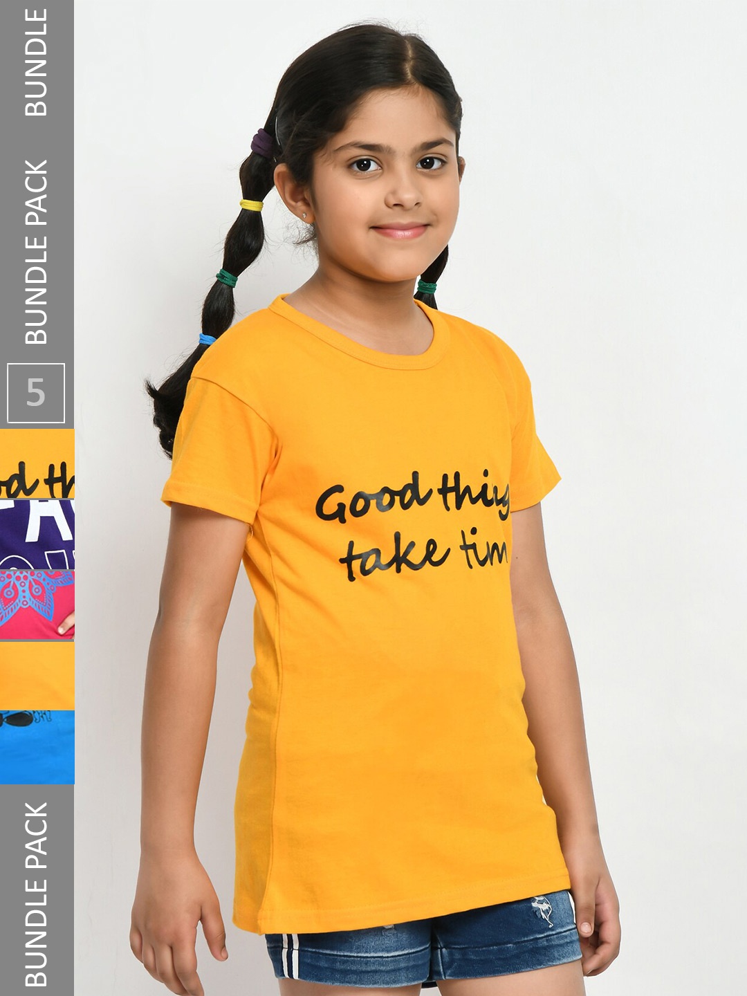 

IndiWeaves Girls Pack Of 3 Typography Printed Pure Cotton T-shirts, Yellow