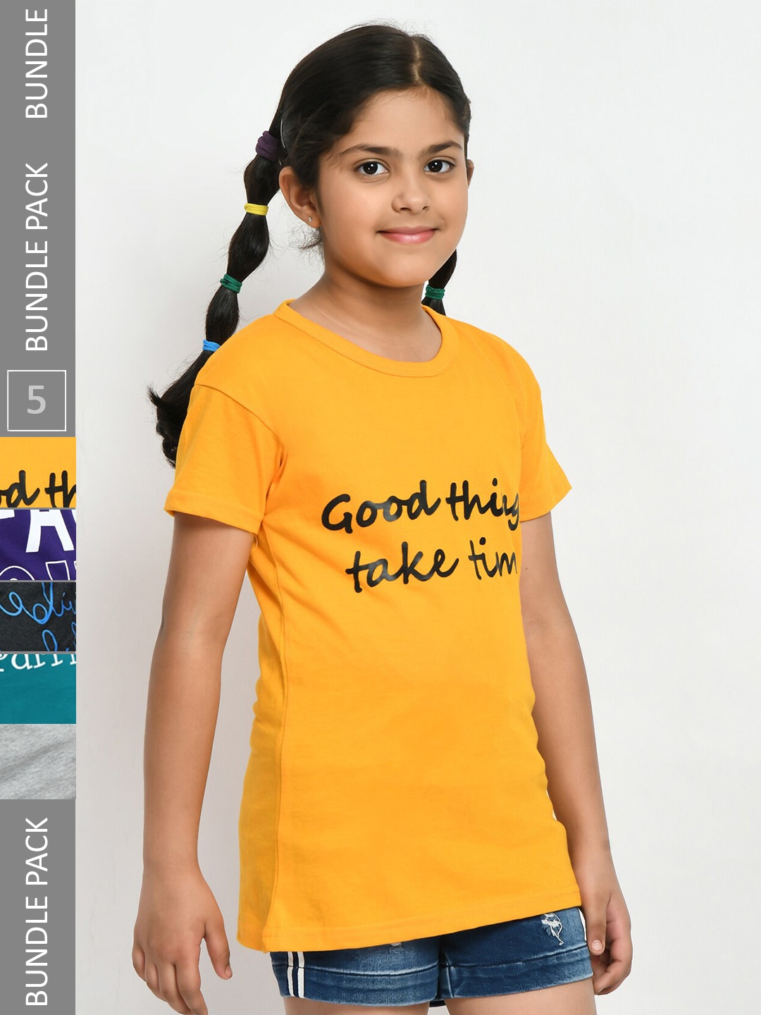 

IndiWeaves Girls Pack Of 3 Typography Printed Pure Cotton T-shirts, Yellow