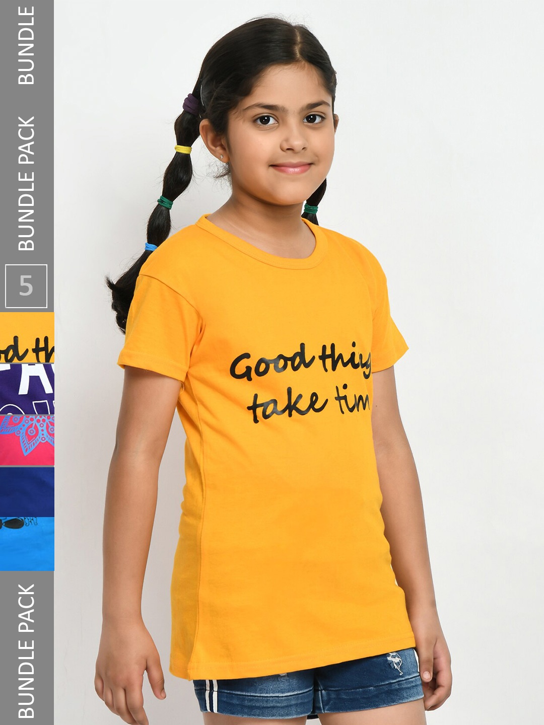 

IndiWeaves Girls Pack Of 3 Typography Printed Pure Cotton T-Shirt, Yellow