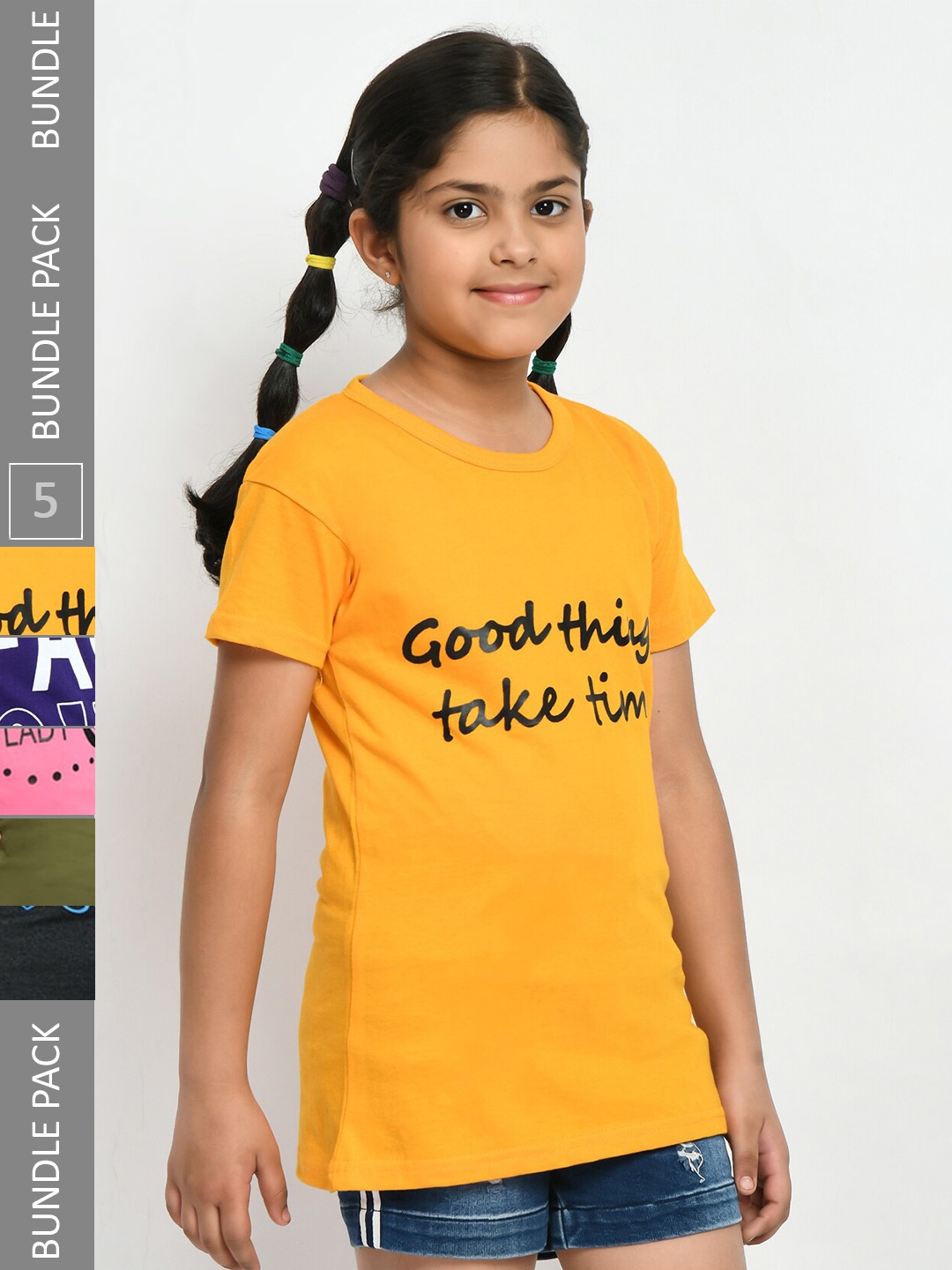 

IndiWeaves Girls Pack of 3 Typography Printed Pure Cotton T-shirt, Yellow