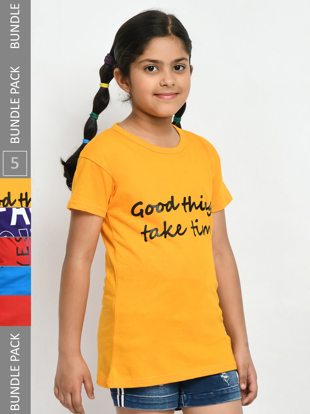 

IndiWeaves Girls Pack Of 5 Typography Printed Pure Cotton T-shirt, Yellow