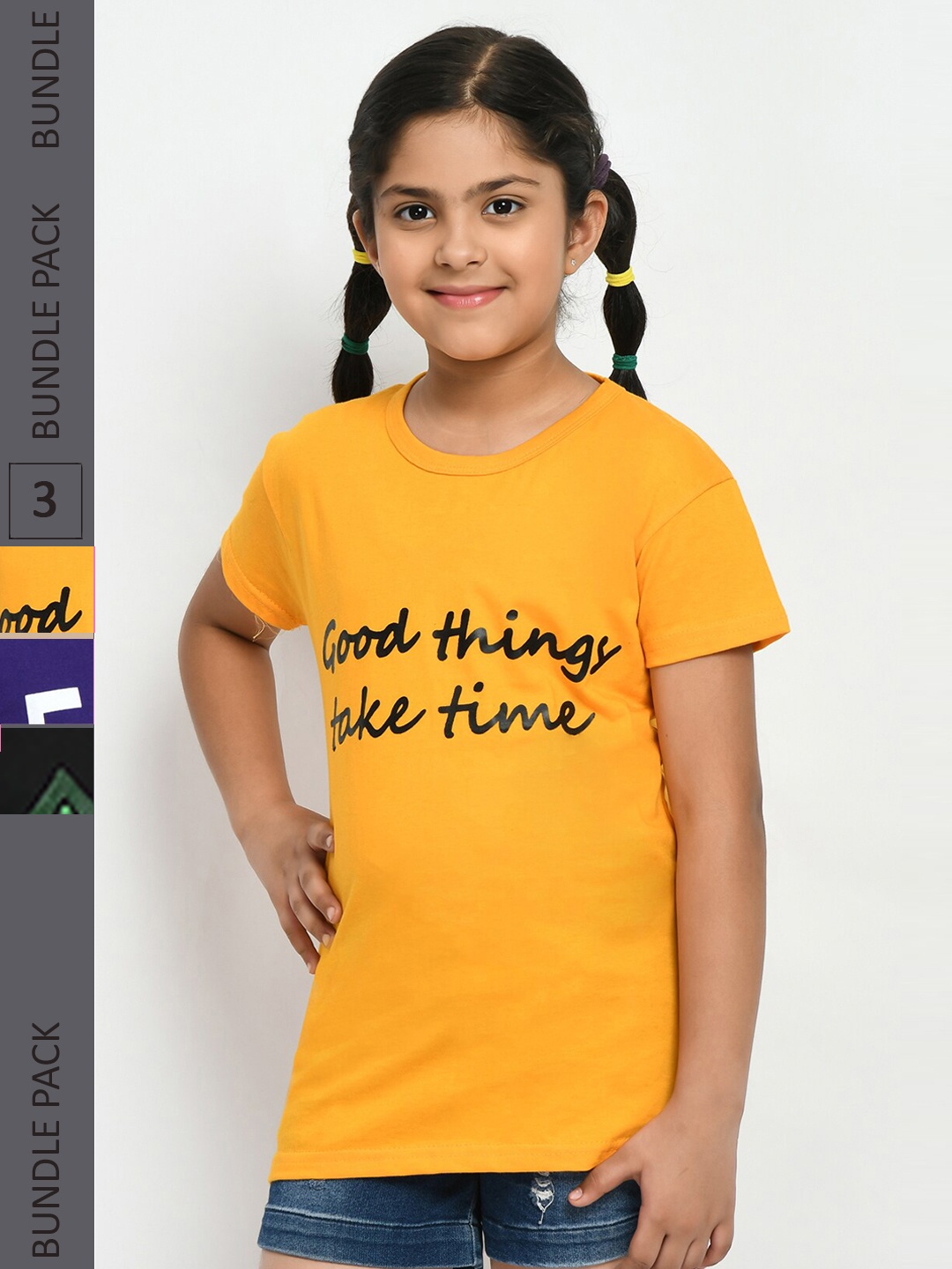 

IndiWeaves Girls Pack Of 3 Printed Pure Cotton T-shirt, Yellow
