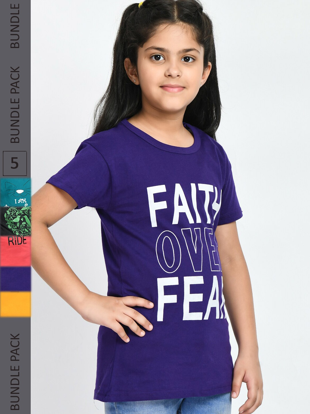 

IndiWeaves Girls Pack Of 5 Printed Pure Cotton T-shirts, Navy blue