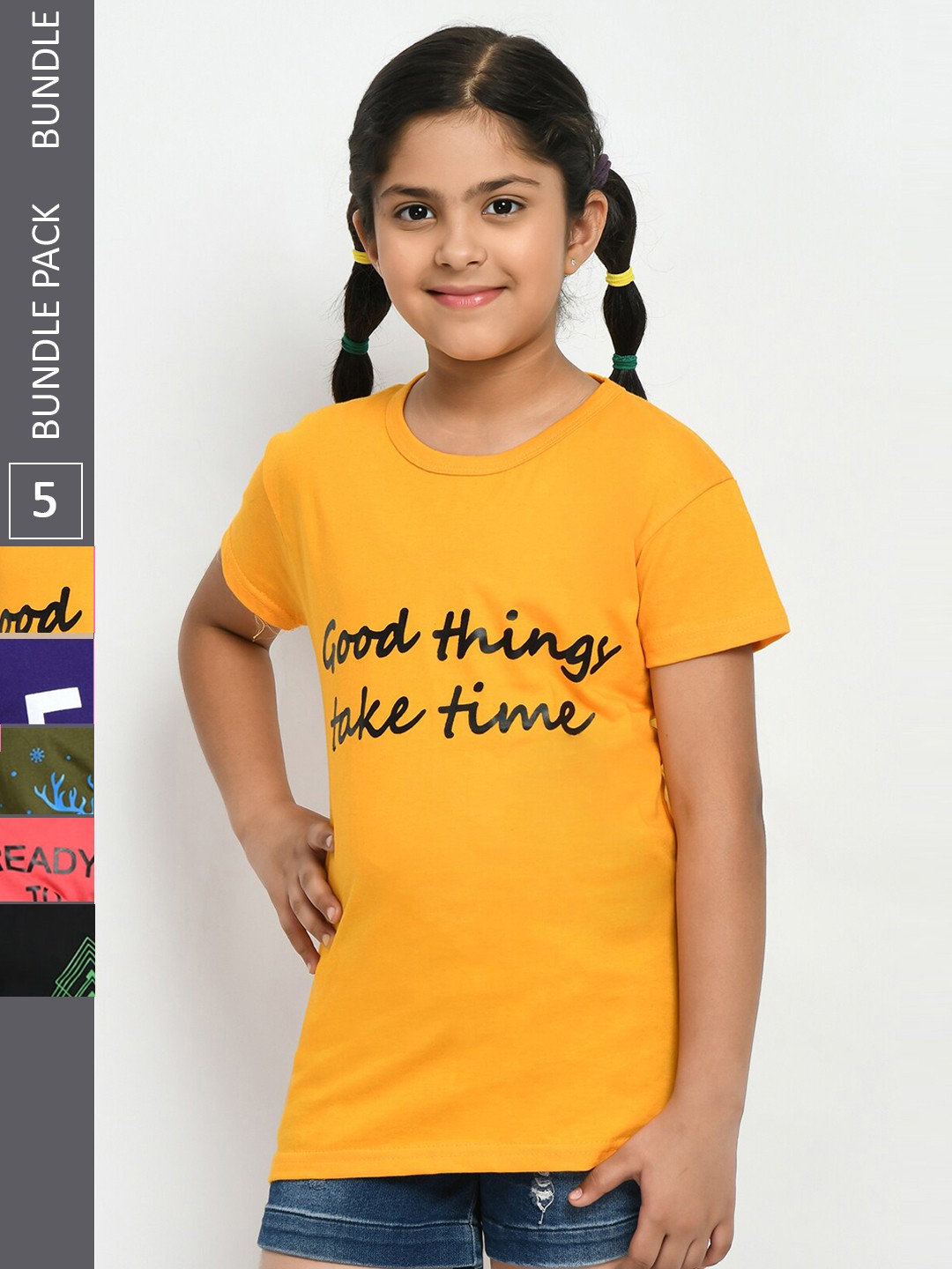 

IndiWeaves Girls Pack Of 3 Typography Printed Pure Cotton T-shirts, Yellow