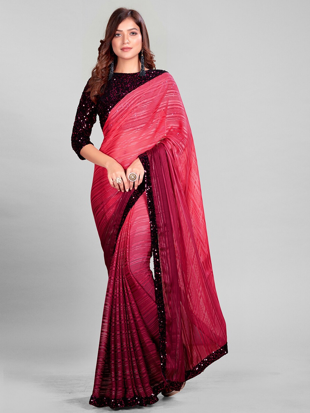 

KALINI Striped Sequinned Saree, Pink