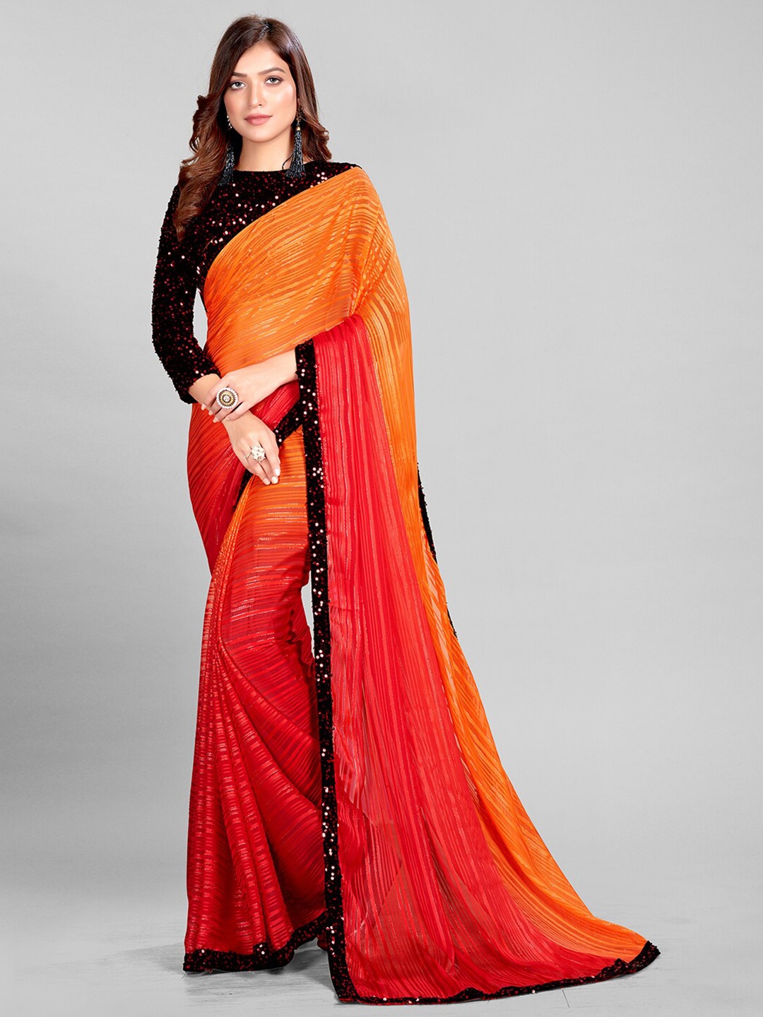 

KALINI Striped Sequinned Saree, Orange