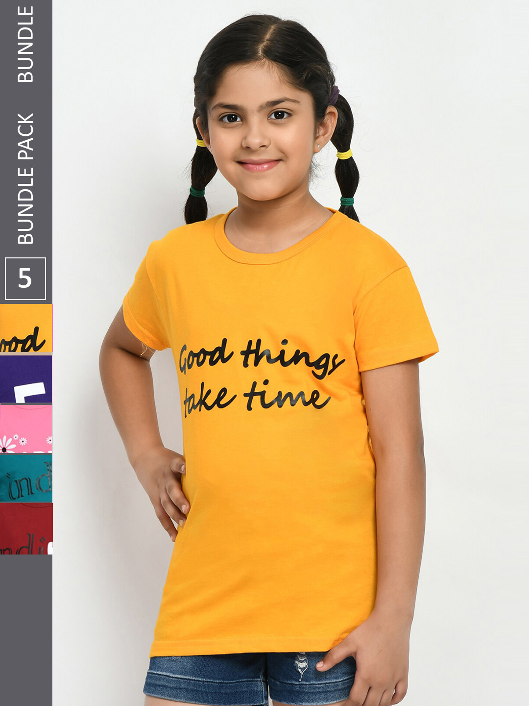 

IndiWeaves Girls Pack Of 3 Typography Printed Pure Cotton T-shirts, Yellow