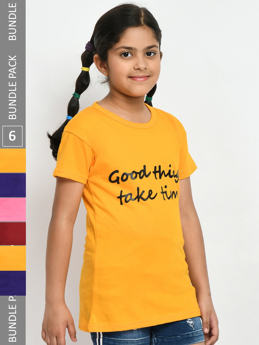 

IndiWeaves Girls Pack of 4 Printed Pure Cotton T-shirts, Yellow