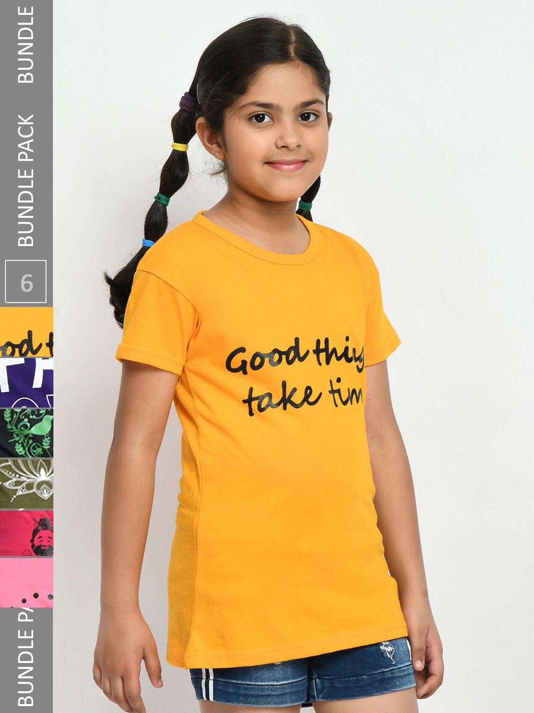 

IndiWeaves Girls Pack of 4 Printed Pure Cotton T-shirts, Yellow
