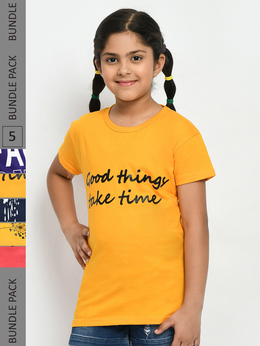 

IndiWeaves Girls Pack of 3 Printed Pure Cotton T-shirts, Yellow