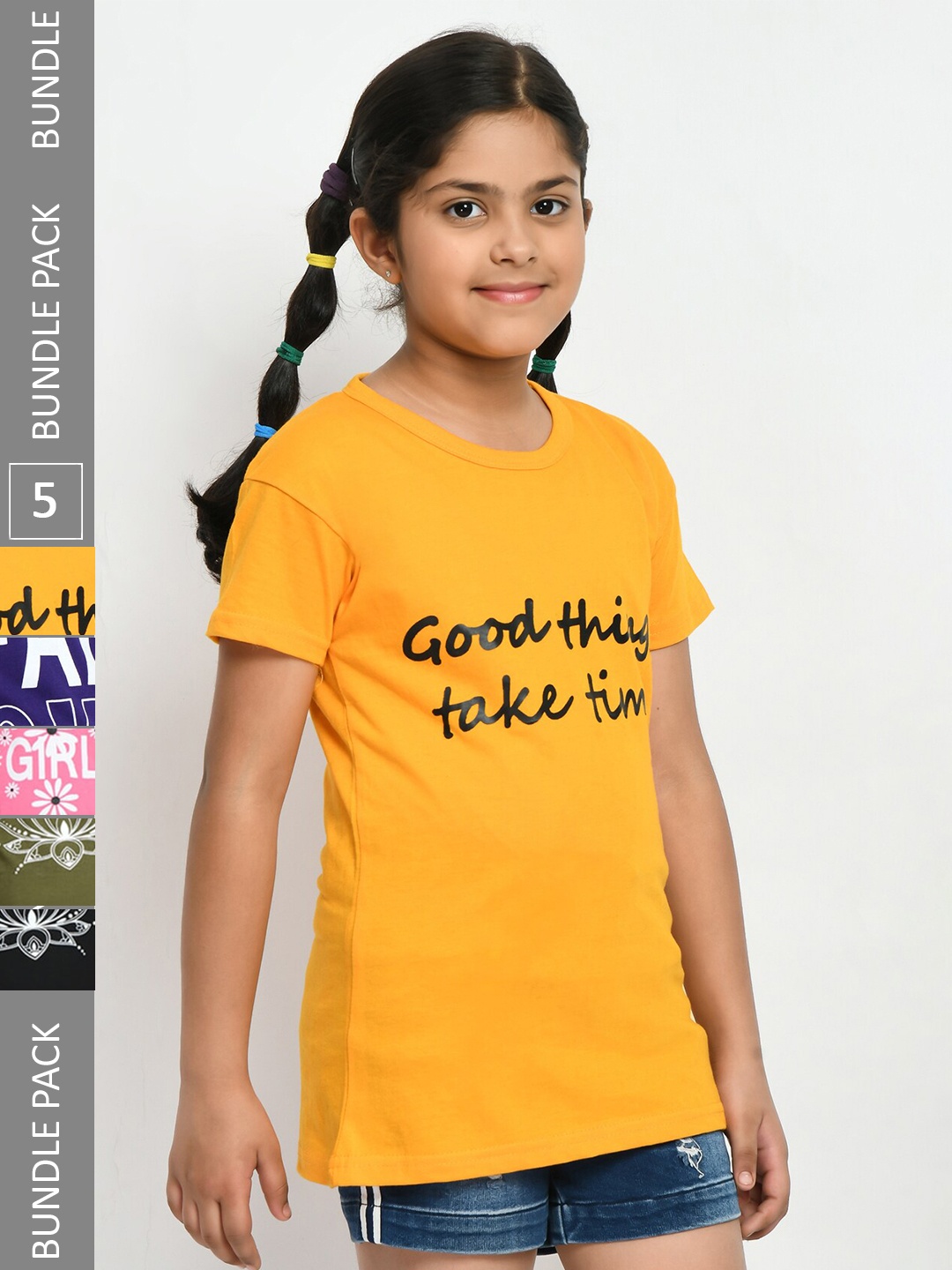 

IndiWeaves Girls Pack Of 3 Typography Printed Pure Cotton T-Shirt, Navy blue