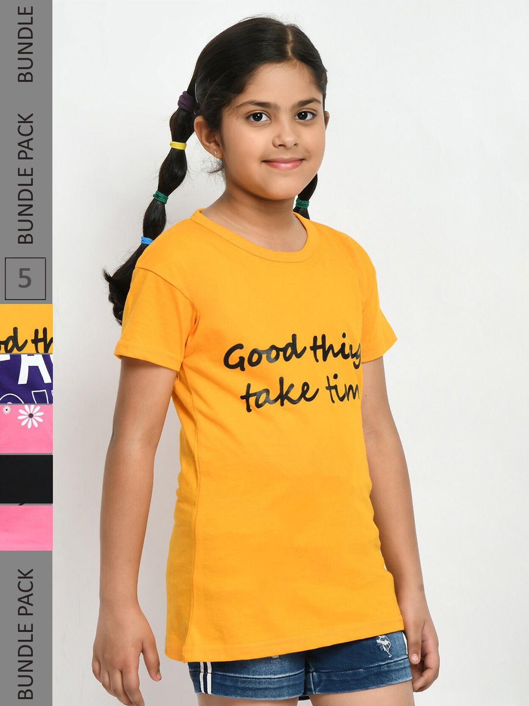 

IndiWeaves Girls Pack of 3 Printed Pure Cotton T-shirts, Yellow