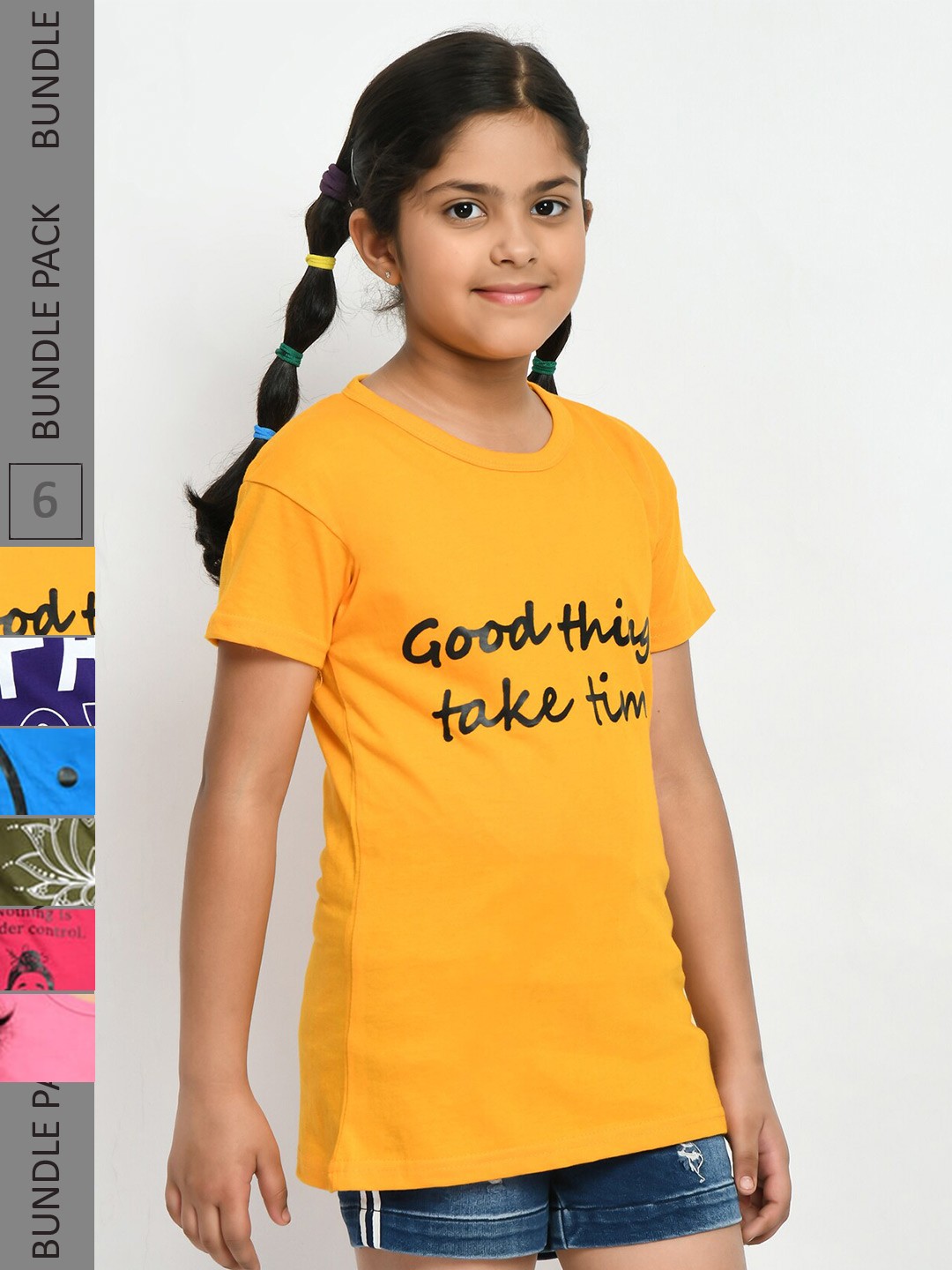 

IndiWeaves Girls Multicoloured 4 Printed V-Neck Applique T-shirt, Multi