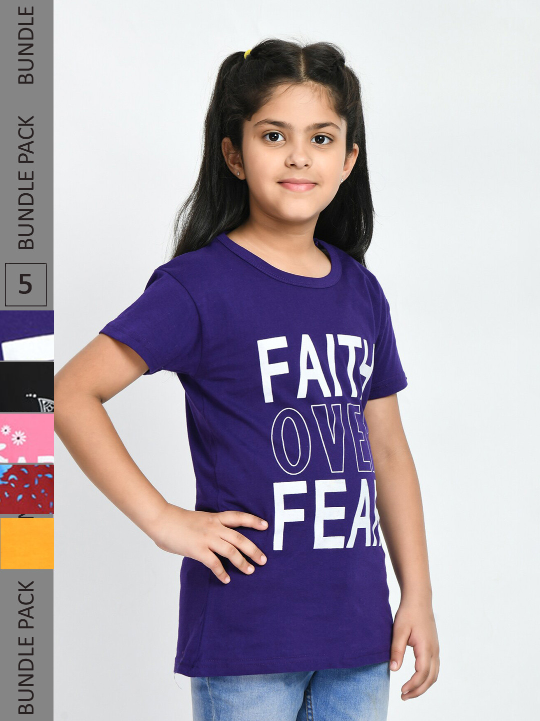 

IndiWeaves Girls Pack Of 5 Typography Printed Pure Cotton T-shirt, Navy blue