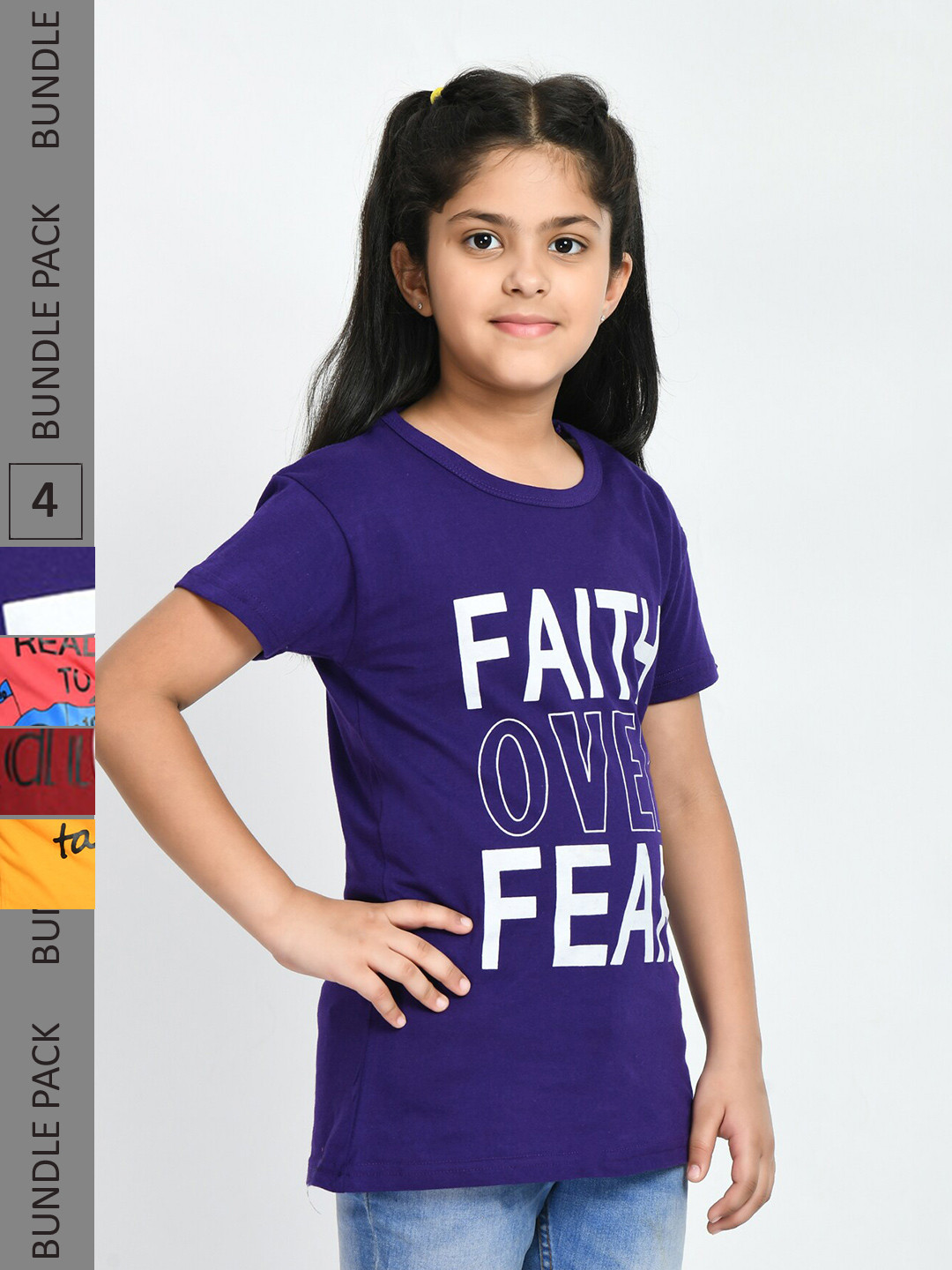 

IndiWeaves Girls Pack of 4 Printed Pure Cotton T-shirts, Blue