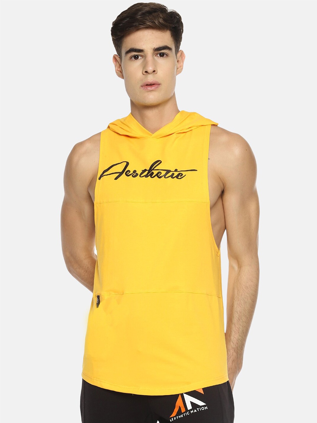

AESTHETIC NATION Hooded Sleeveless Cotton Training Or Gym T-shirt, Yellow