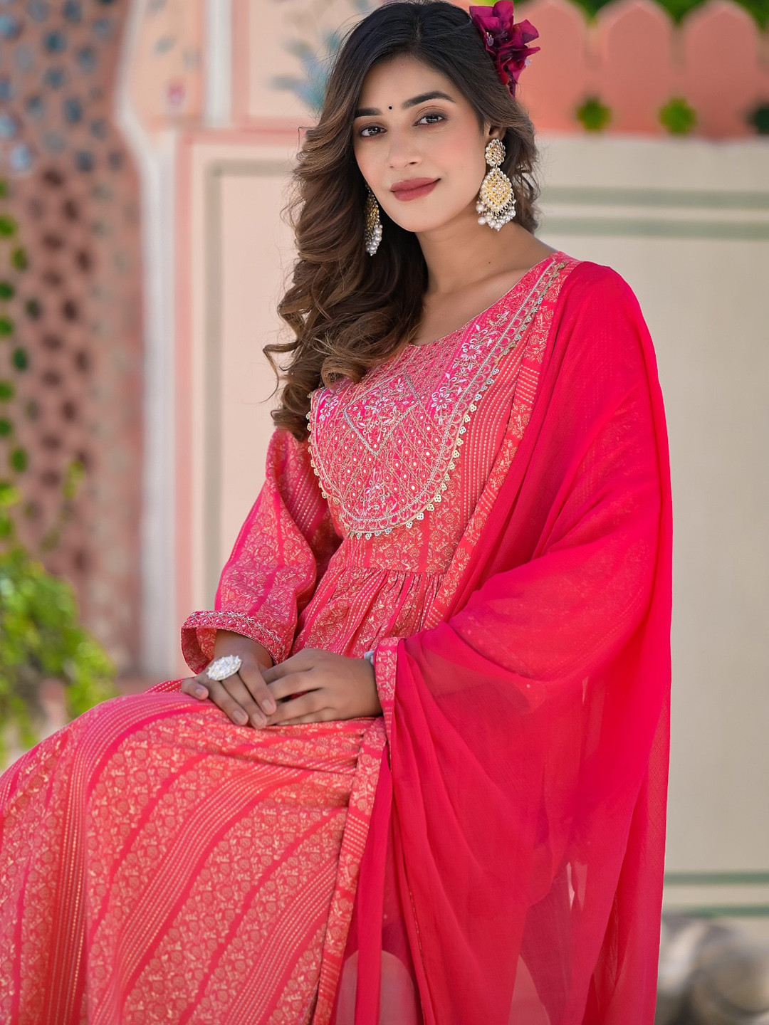 

Hatheli Ethnic Motifs Printed Empire Pure Cotton Kurta With Trousers & Dupatta, Pink