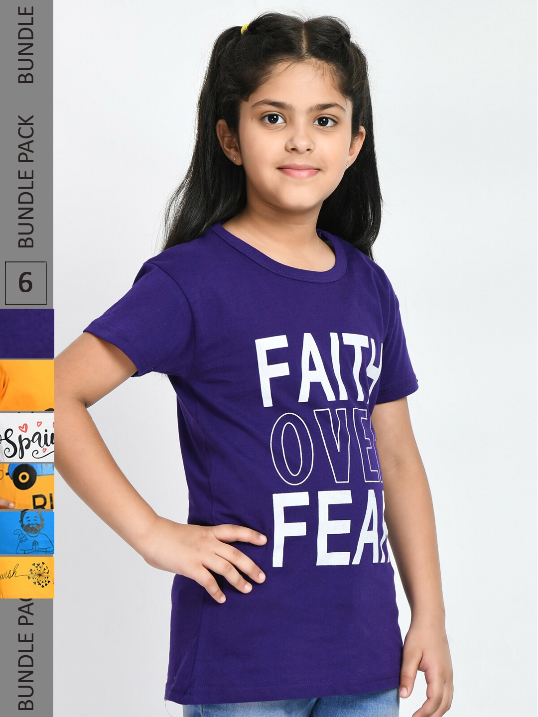 

IndiWeaves Girls Pack Of 6 Full Front Coverage Typography Printed T shirt, Navy blue