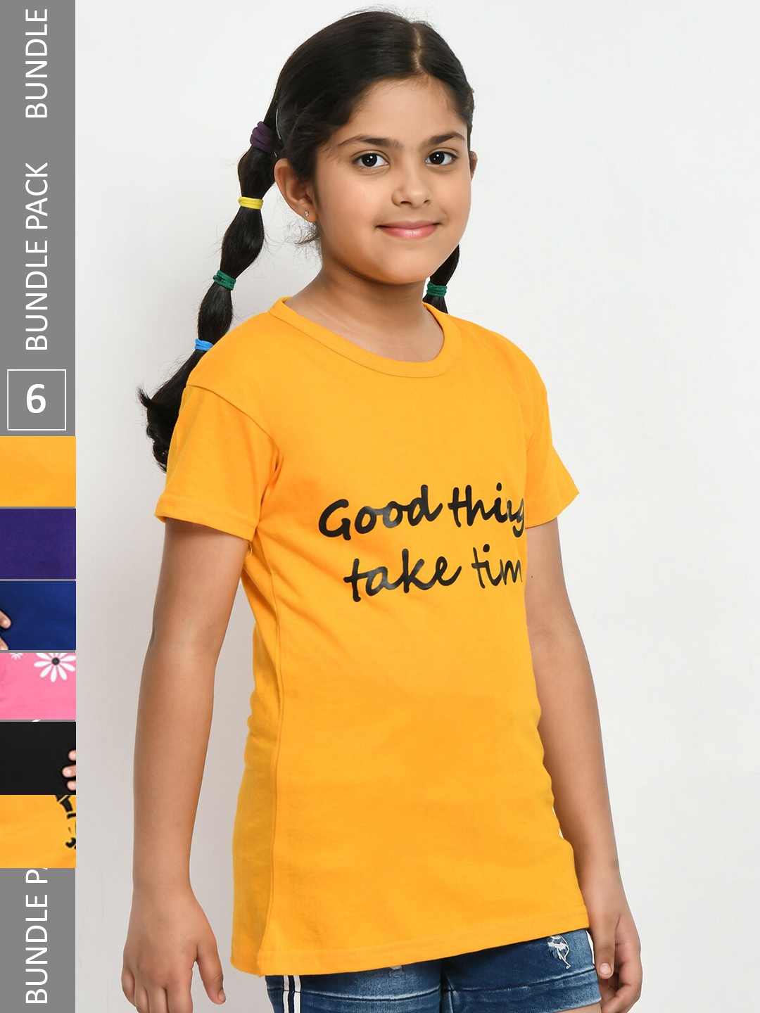 

IndiWeaves Girls Pack Of 4 Typography Printed Pure Cotton T-shirts, Yellow