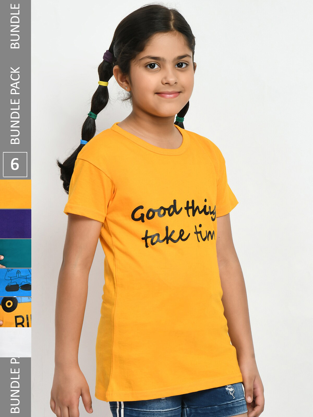 

IndiWeaves Girls Pack Of 4 Typography Printed Pure Cotton T-Shirt, Navy blue