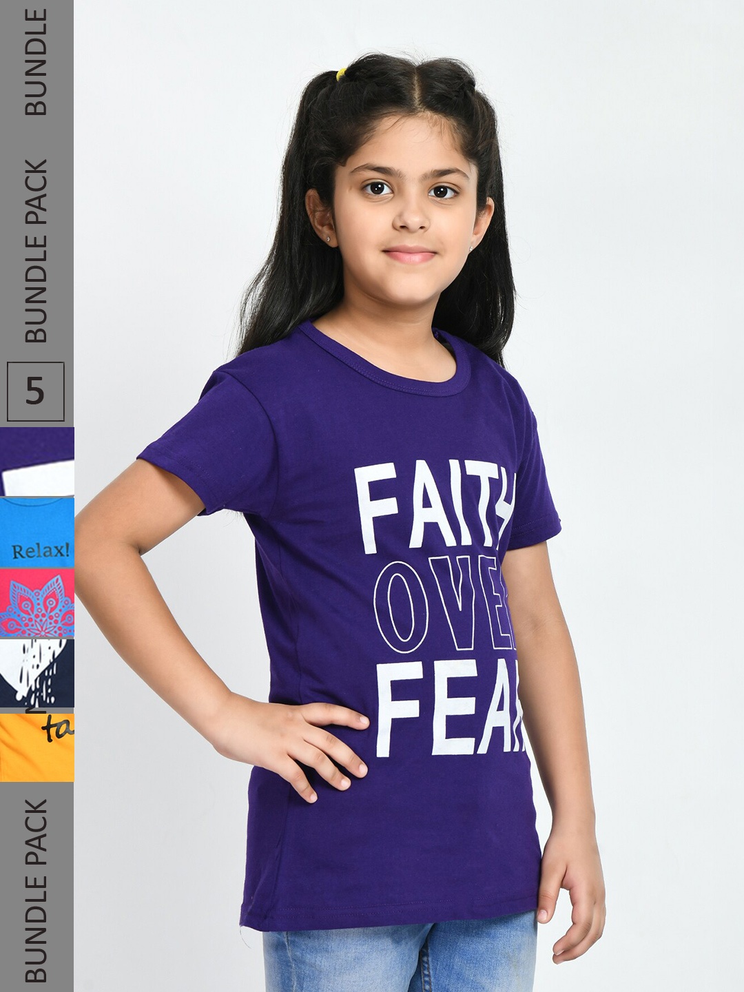 

IndiWeaves Girls Pack Of 4 Typography Printed Pure Cotton T-shirts, Yellow
