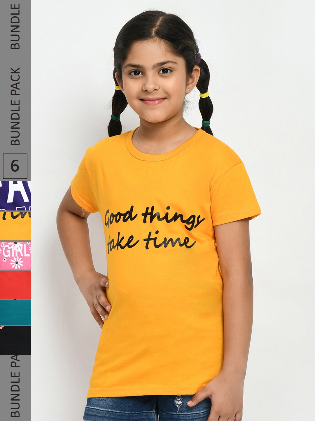 

IndiWeaves Girls Pack of 4 Printed Pure Cotton T-shirts, Yellow