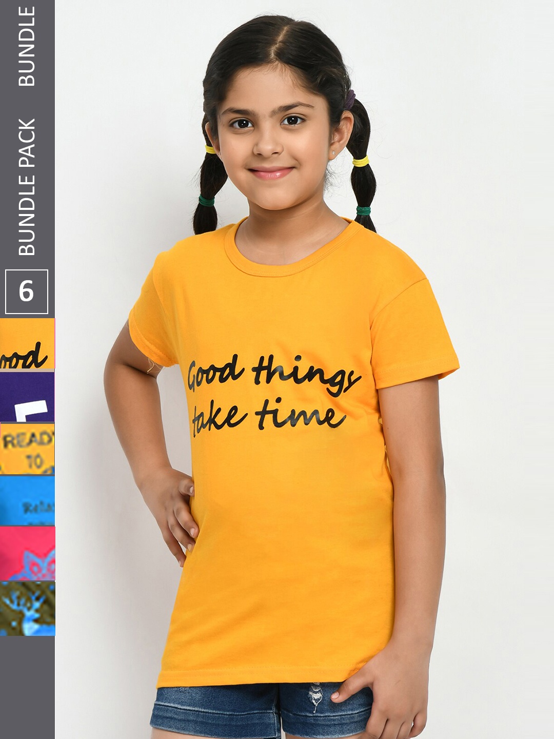 

IndiWeaves Girls Pack Of 4 Printed Cotton T-shirt, Yellow