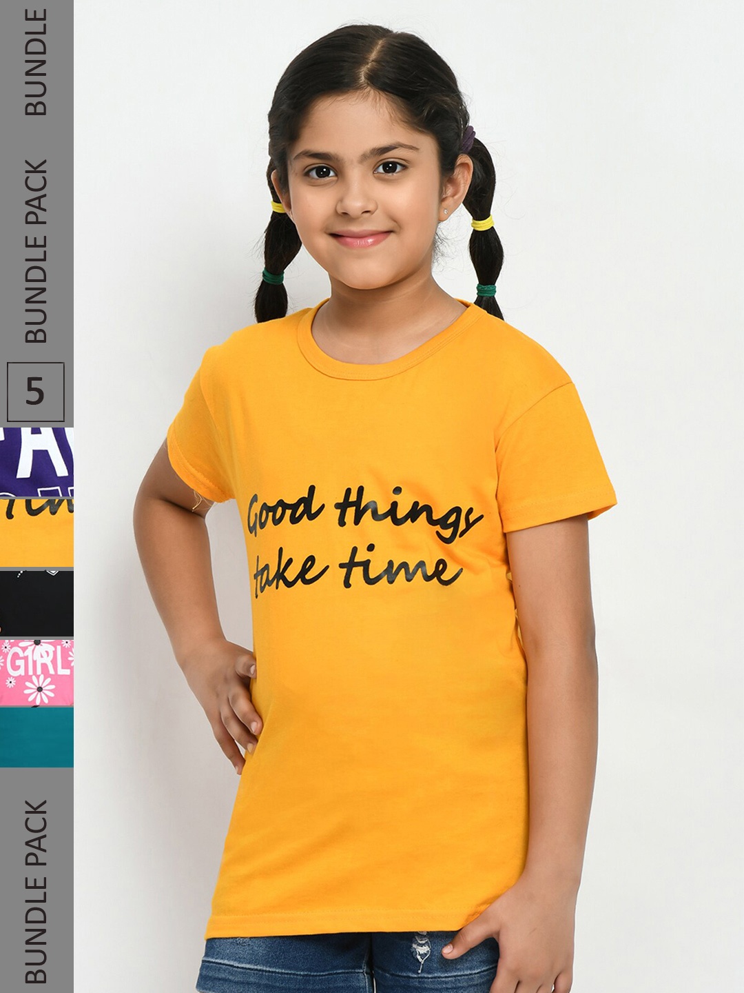 

IndiWeaves Girls Pack of 4 Printed Pure Cotton T-shirts, Yellow
