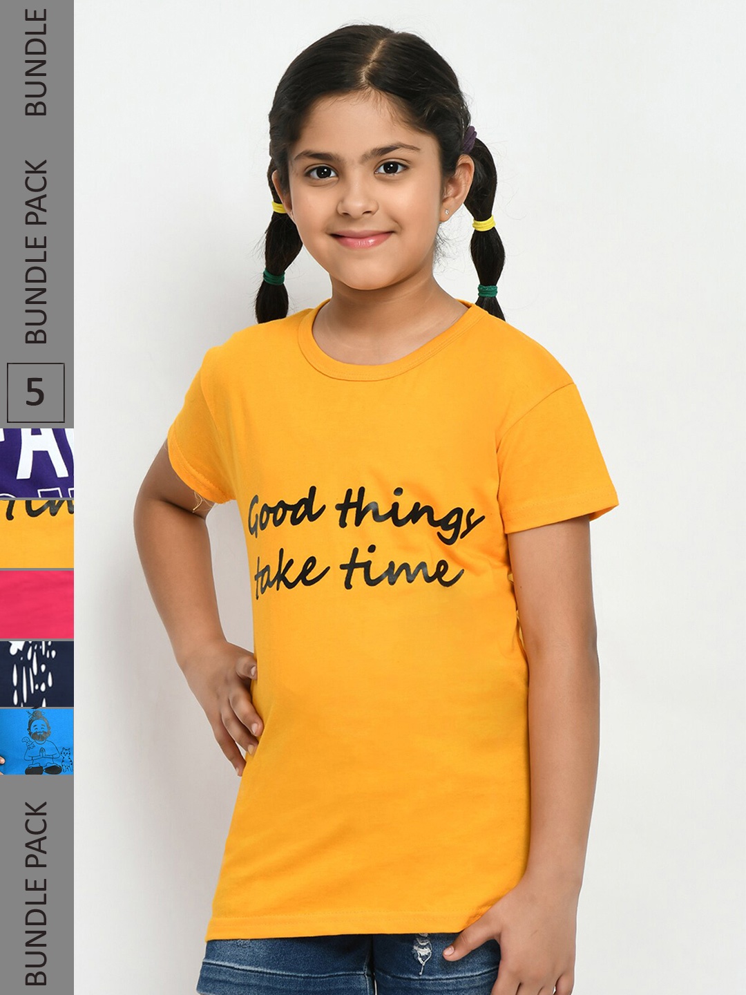 

IndiWeaves Girls Pack of 4 Printed Pure Cotton T-shirts, Yellow