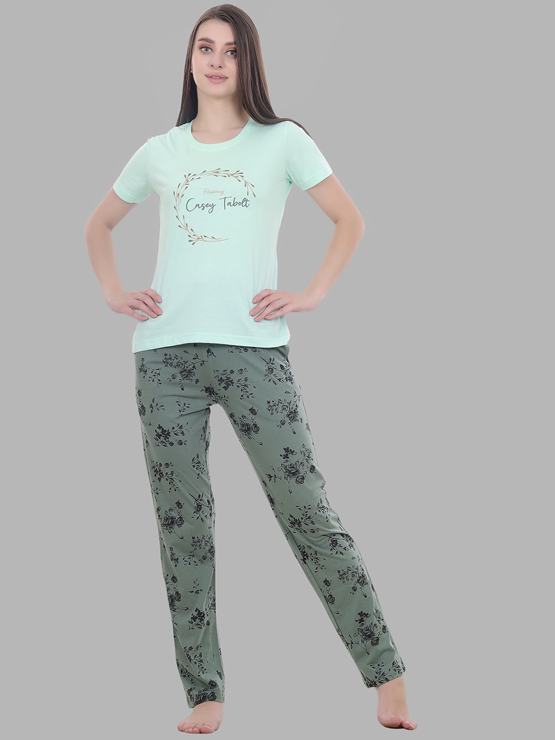 

FLOSBERRY Floral Printed Night Suit, Sea green