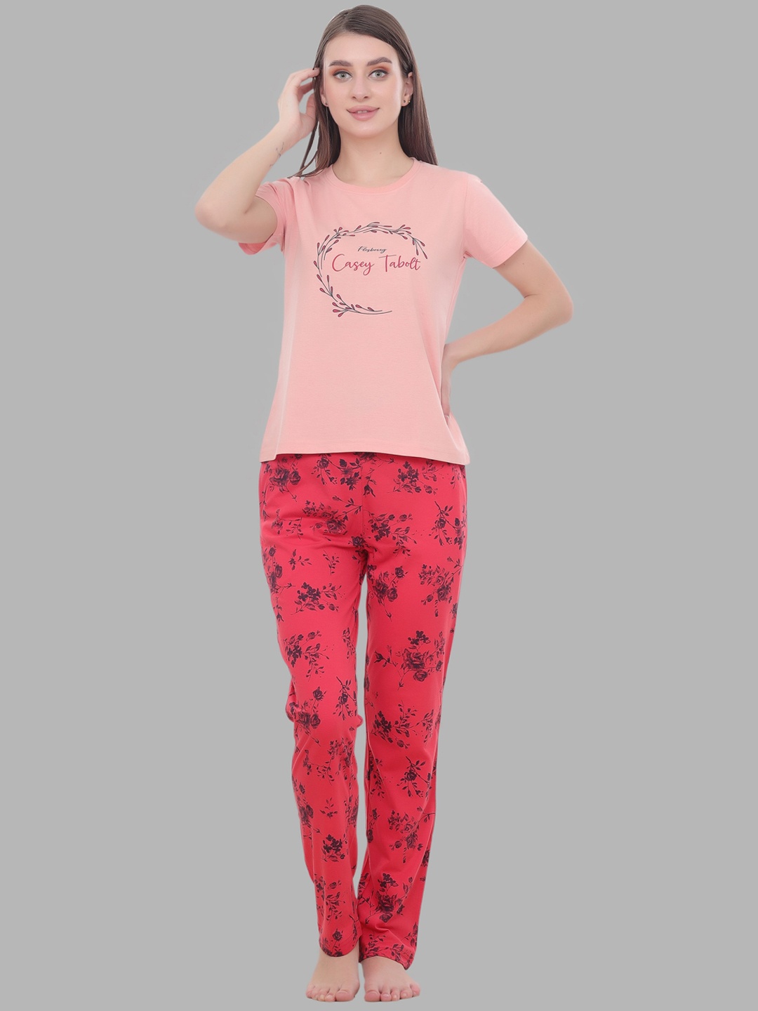 

FLOSBERRY Floral Print Night Suit, Peach