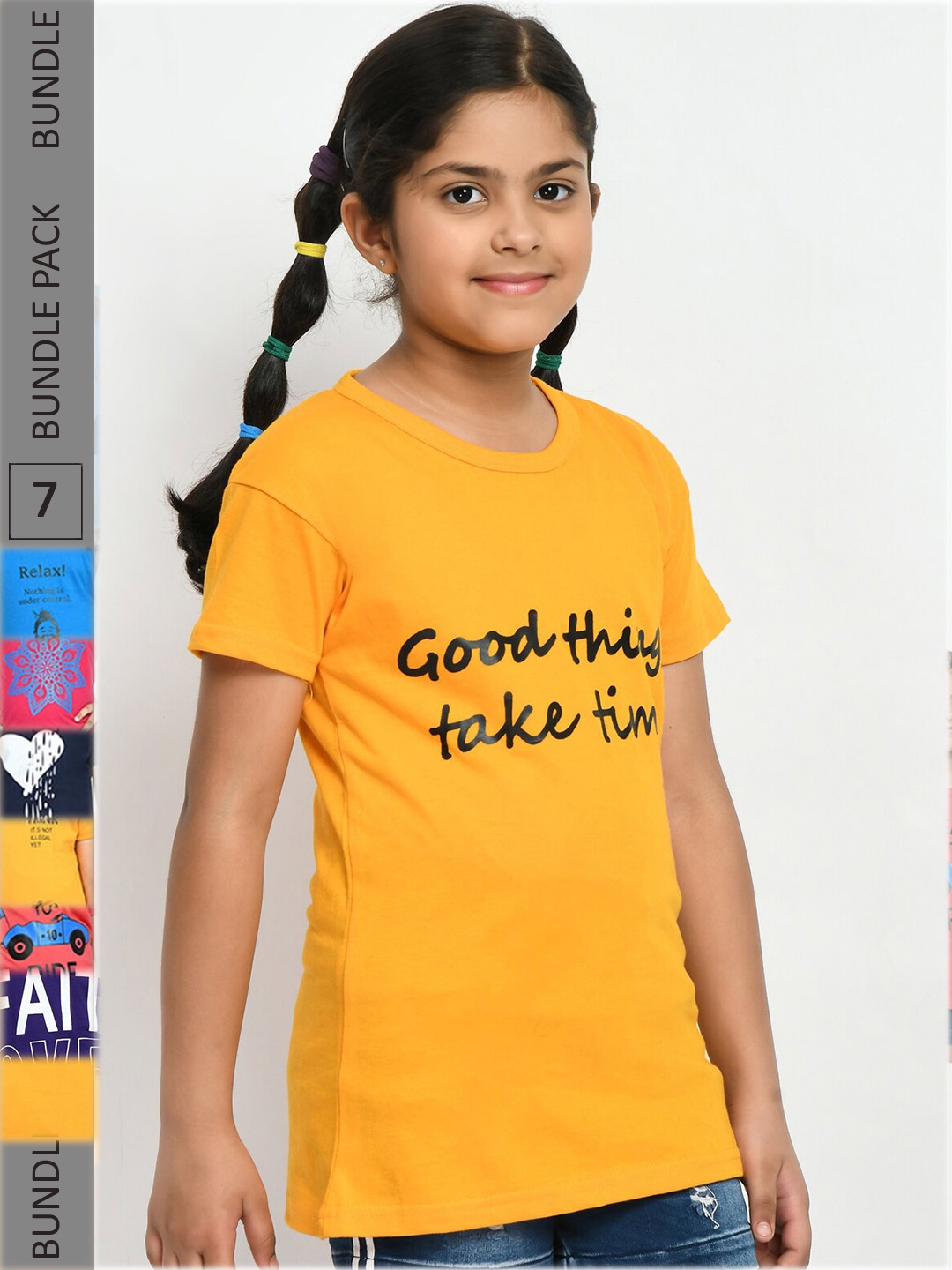 

IndiWeaves Girls Pack Of 5 Typography Printed Pure Cotton T-Shirt, Yellow