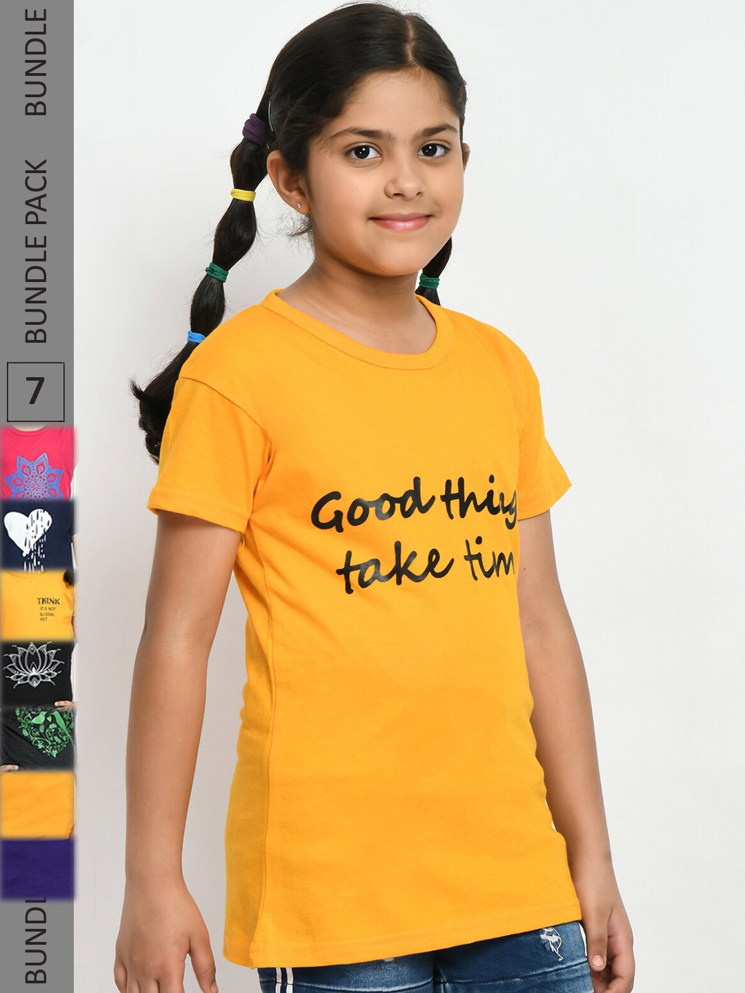 

IndiWeaves Girls Pack Of 5 Typography Printed Pure Cotton T-Shirt, Yellow