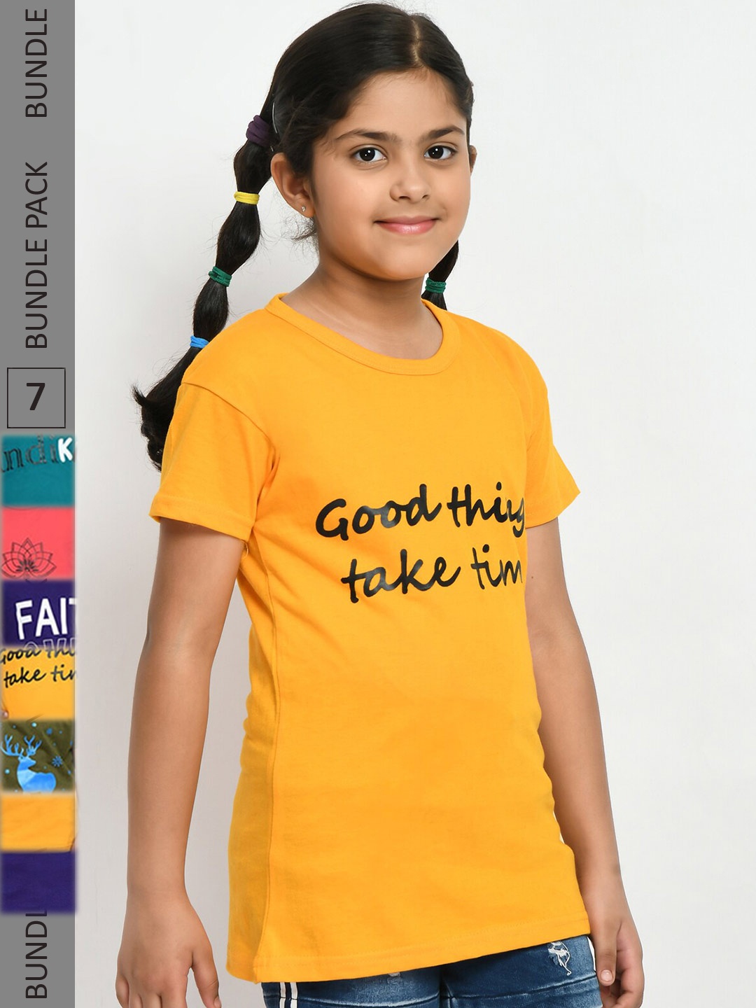 

IndiWeaves Girls Pack Of 7 Typography Printed Pure Cotton T-shirt, Yellow