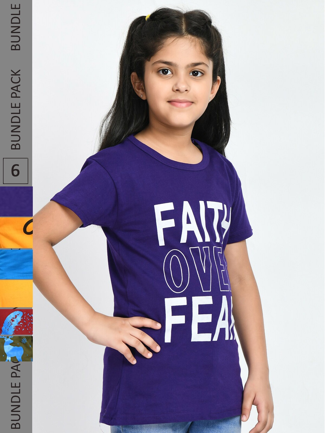 

IndiWeaves Girls Pack Of 5 Printed Cotton T-shirt, Navy blue