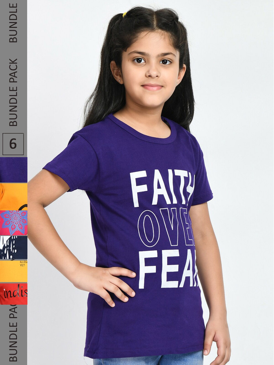 

IndiWeaves Girls Pack of 5 Printed Pure Cotton T-Shirts, Blue