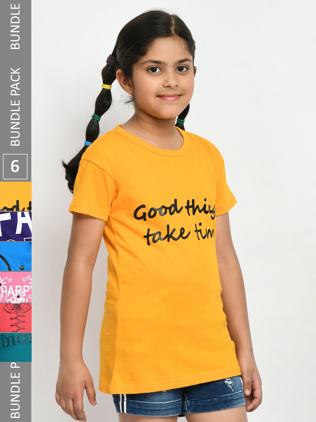 

IndiWeaves Girls Pack Of 5 Typography Printed Pure Cotton T-shirts, Yellow
