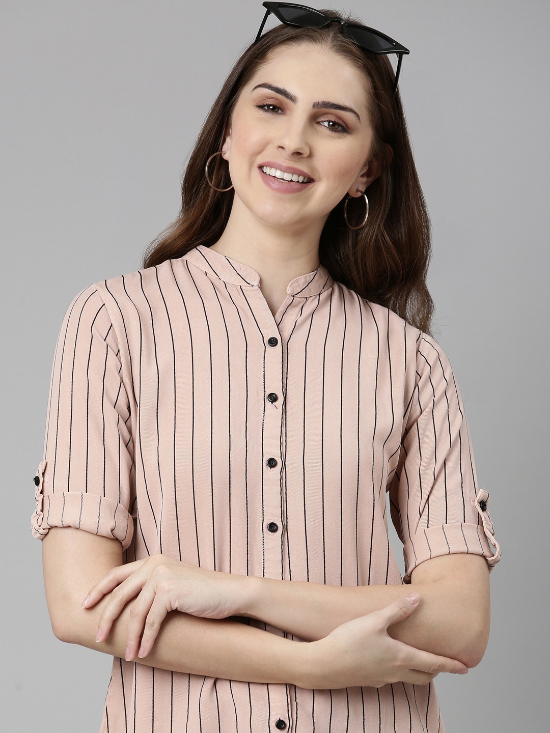 

SHOWOFF Comfort Slim Fit Opaque Striped Cotton Longline Casual Shirt, Pink