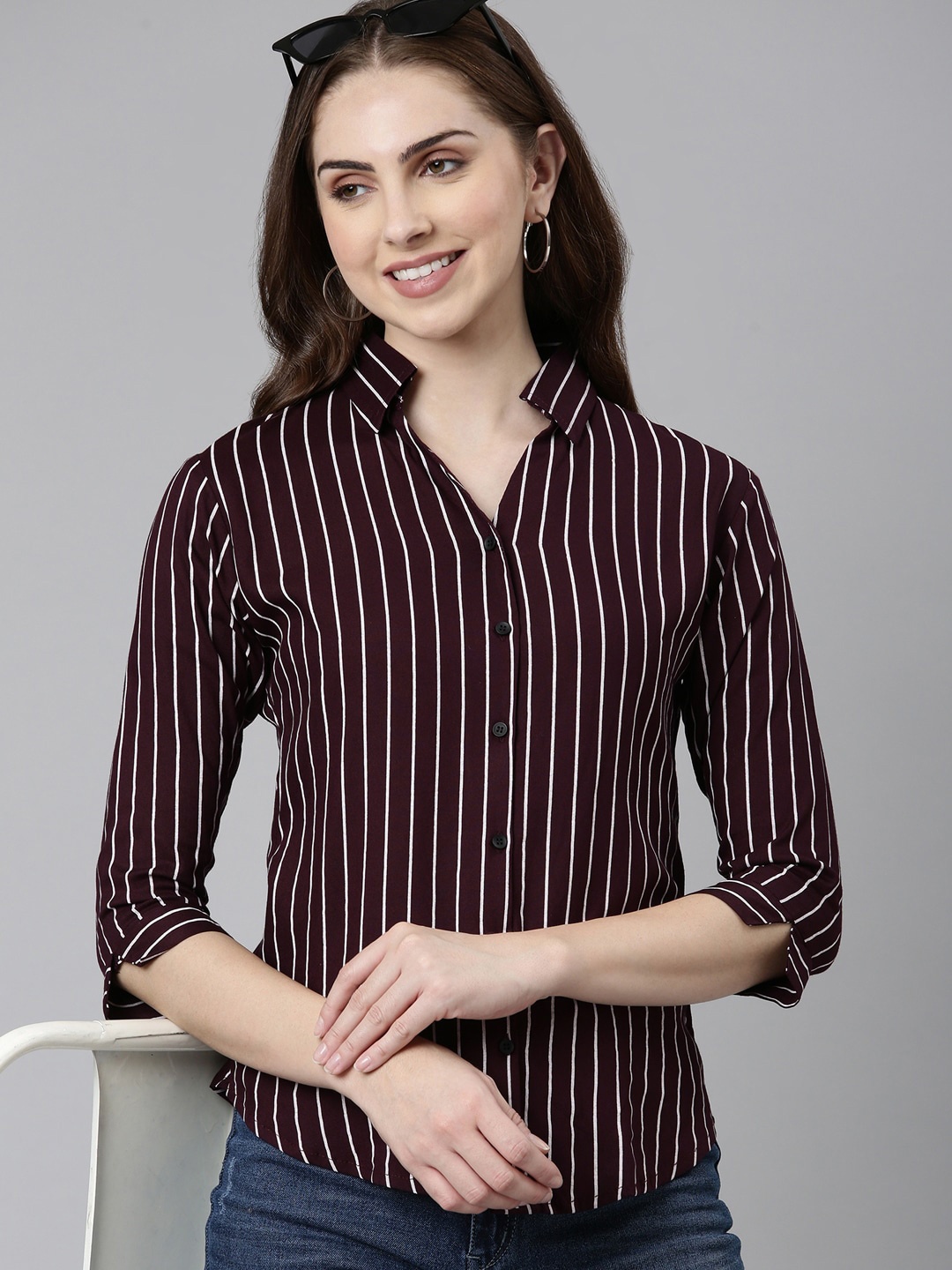

SHOWOFF Edgy Opaque Striped Cotton Casual Shirt, Purple