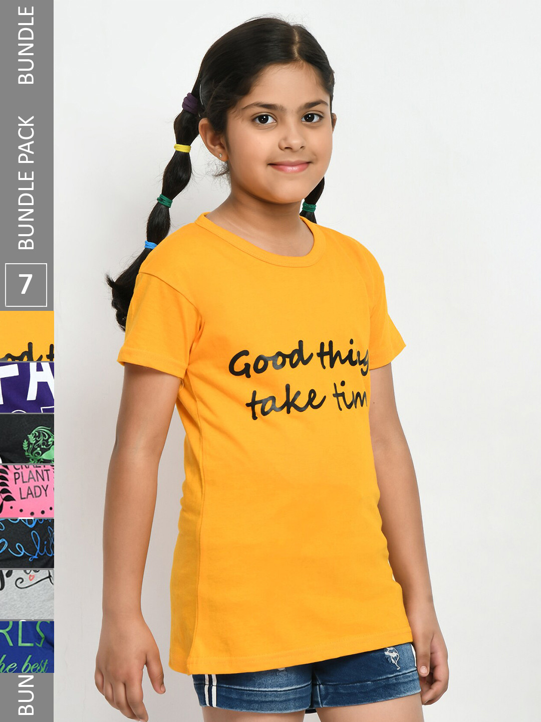 

IndiWeaves Girls Pack Of 5 Typography Printed Pure Cotton T-Shirt, Yellow