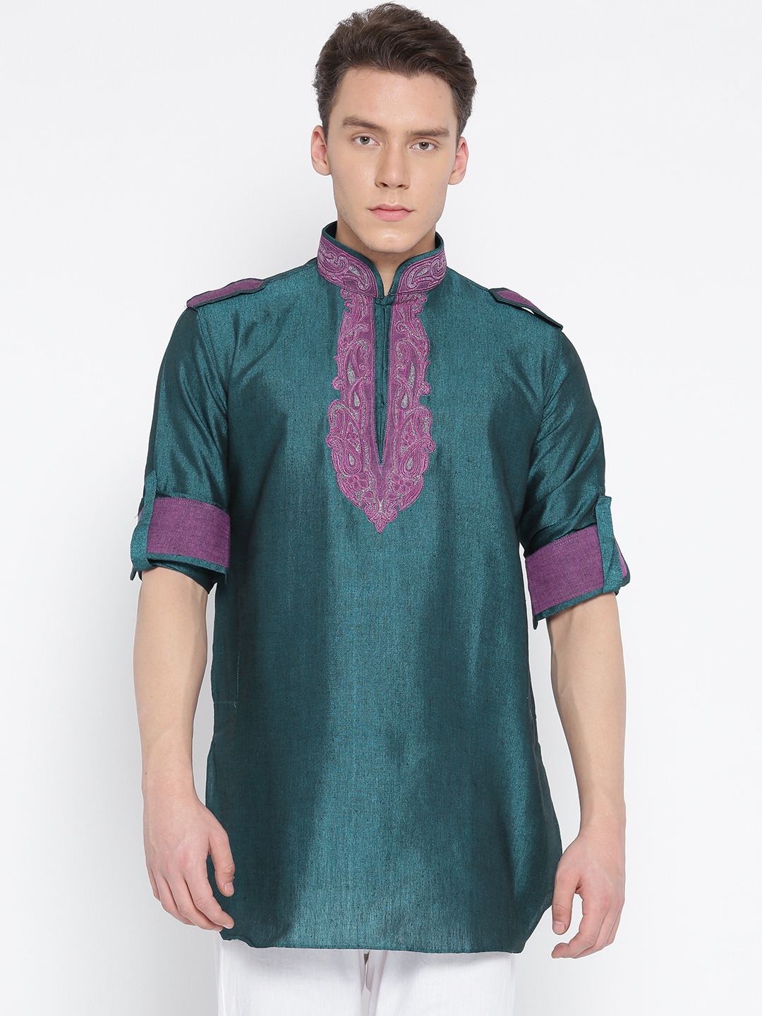 

Manish Creations Men Teal Blue Solid Straight Kurta