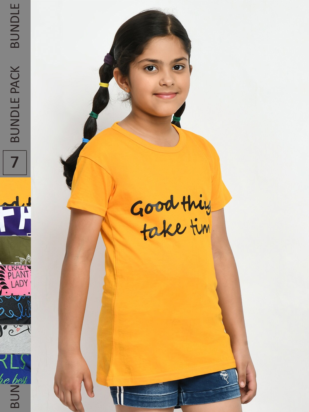 

IndiWeaves Girls Pack Of 7 Printed Pure Cotton T-shirts, Yellow