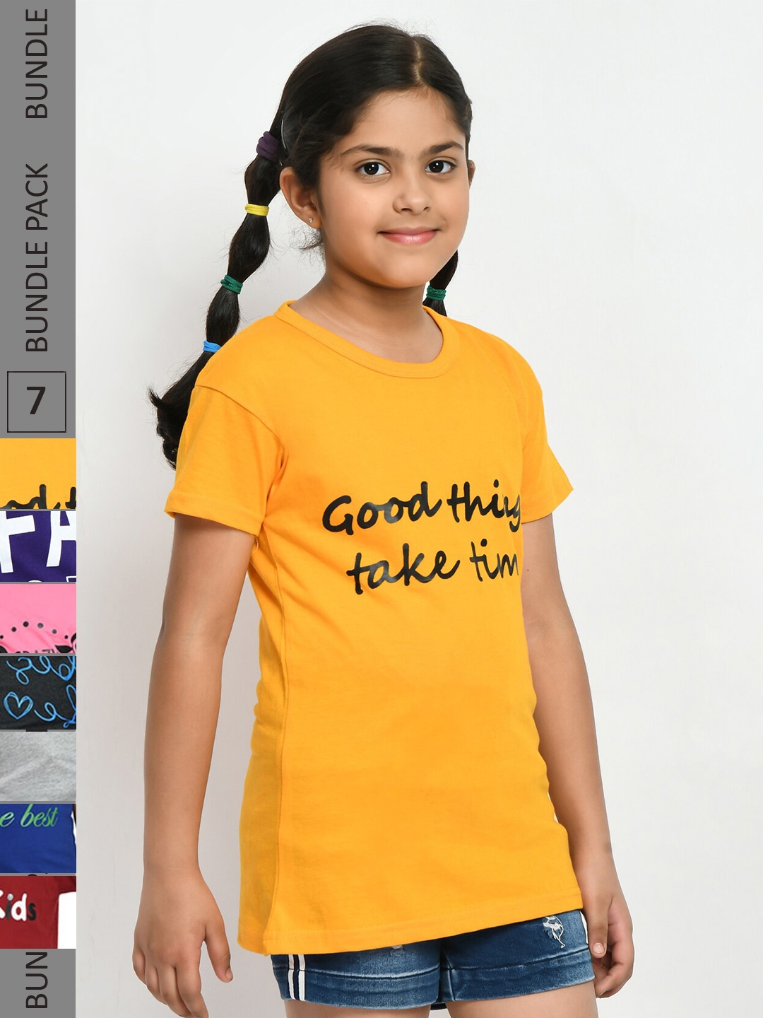 

IndiWeaves Girls Pack Of 5 Printed Pure Cotton T-shirt, Yellow