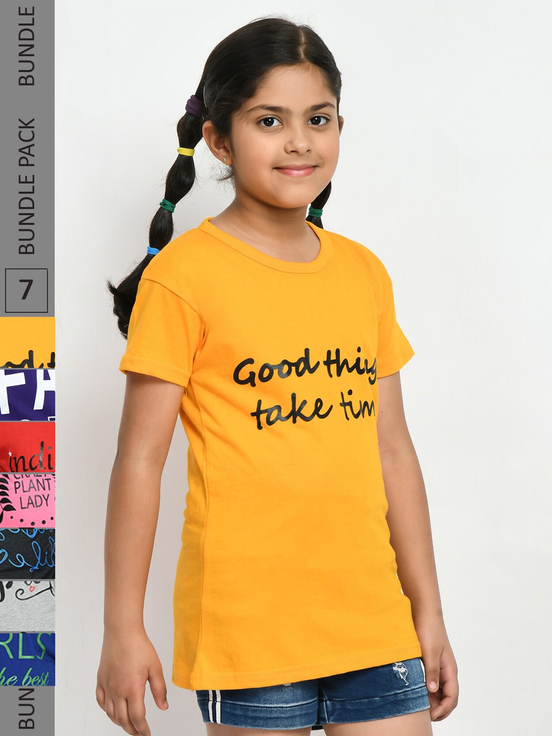 

IndiWeaves Girls Pack Of 5 Printed Pure Cotton T-shirt, Yellow