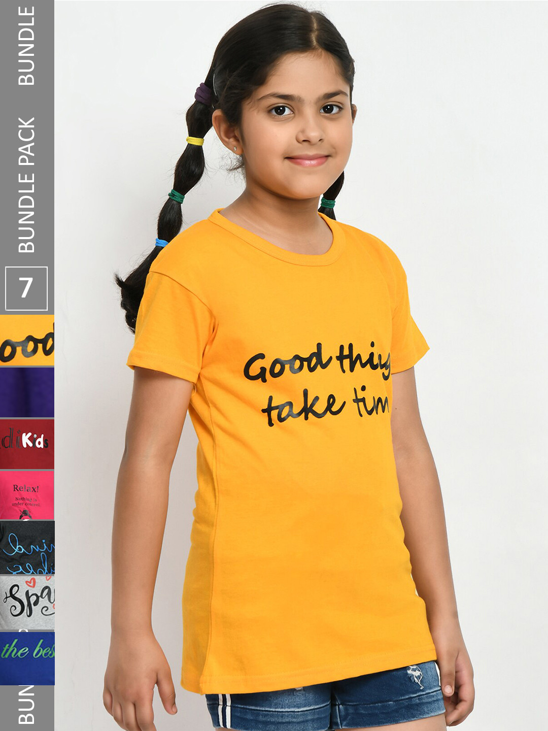 

IndiWeaves Girls Pack Of 5 Typography Printed Pure Cotton T-shirts, Yellow