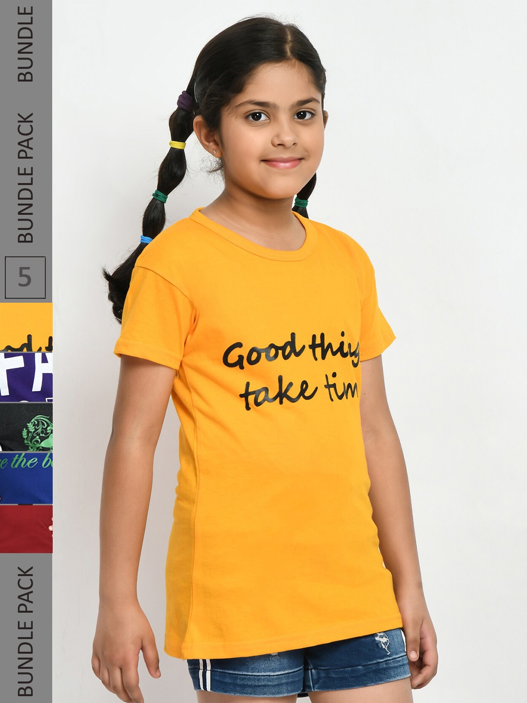 

IndiWeaves Girls Pack Of 5 Typography Printed Pure Cotton T-Shirt, Yellow