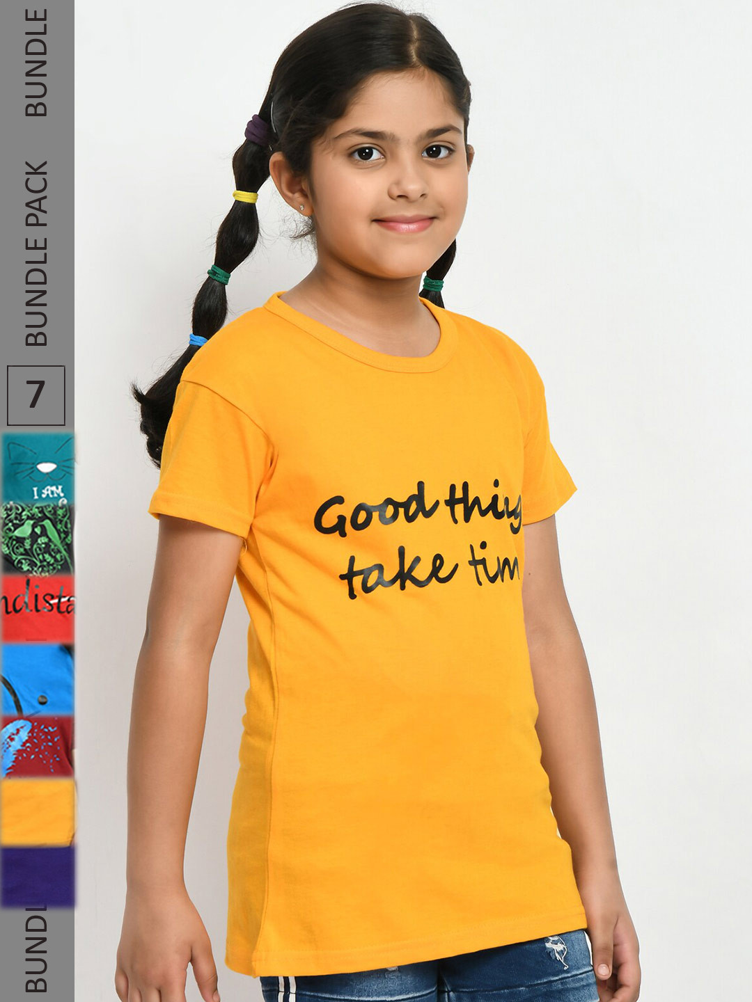 

IndiWeaves Girls Pack Of 5 Printed Pure Cotton T-Shirts, Yellow
