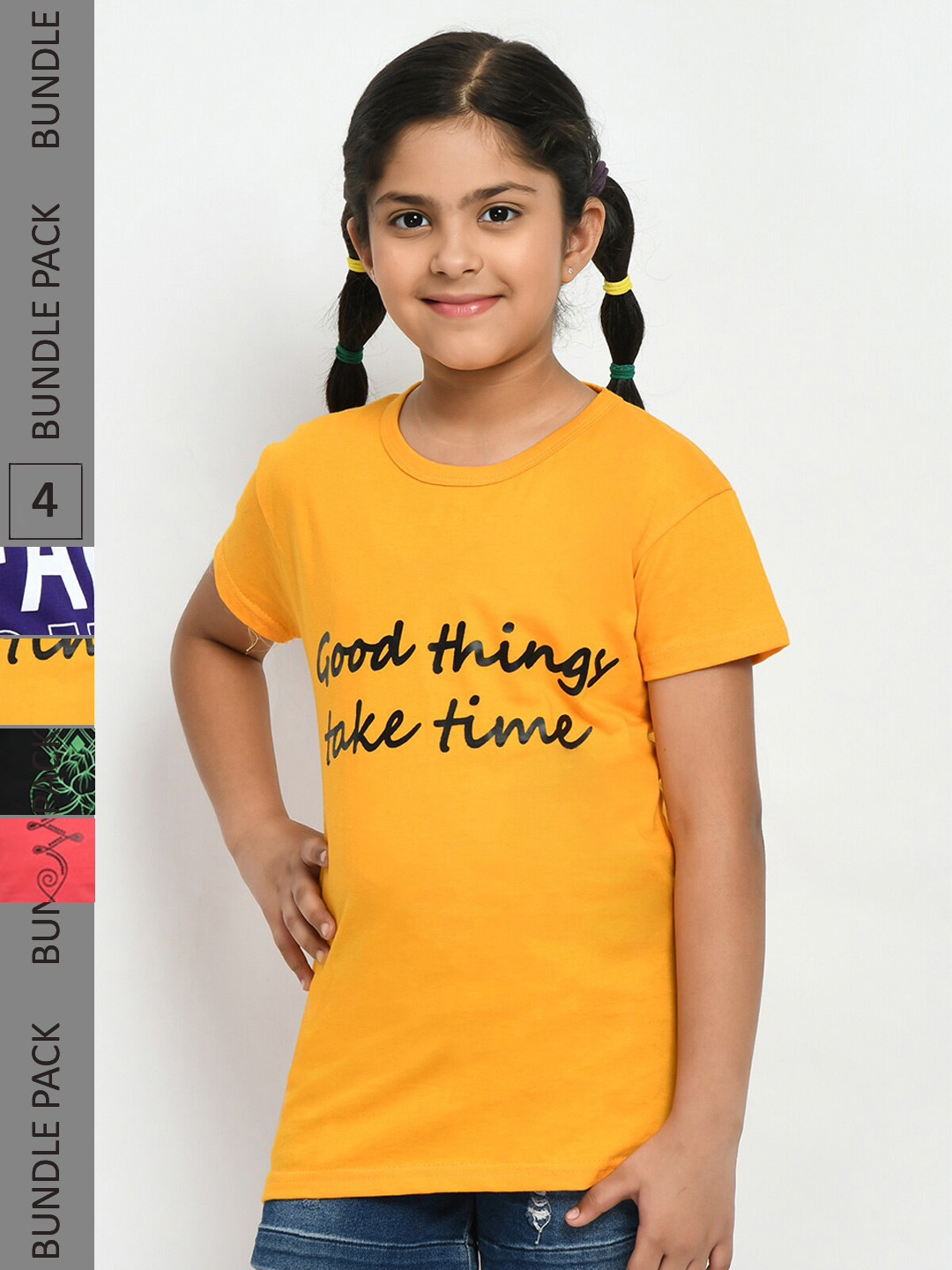 

IndiWeaves Girls Pack Of 4 Typography Printed Pure Cotton T-shirts, Yellow