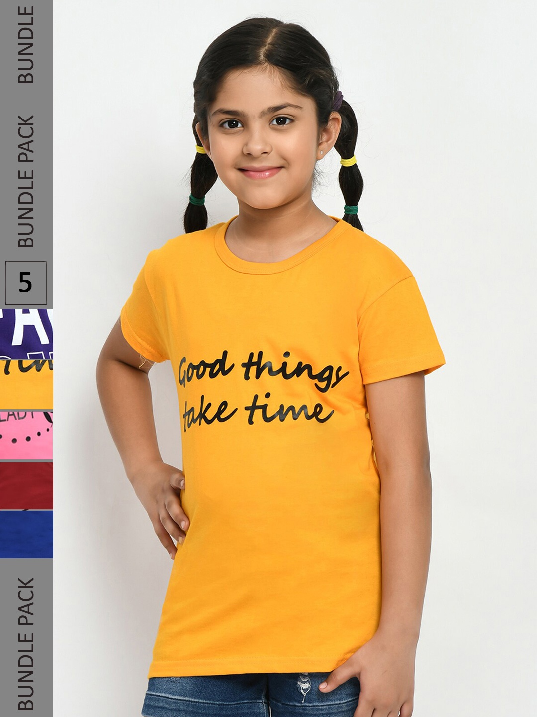 

IndiWeaves Girls Pack Of 5 Typography Printed Pure Cotton T-Shirt, Navy blue